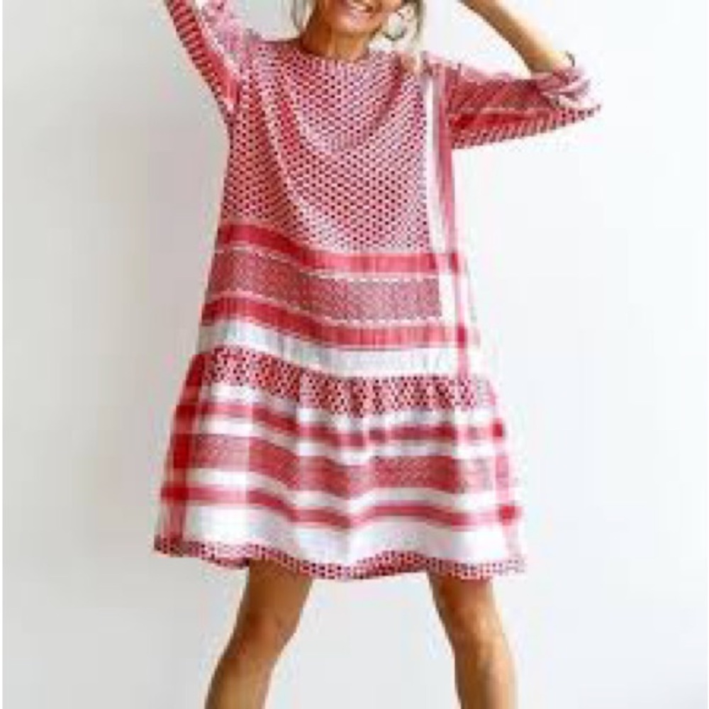 Women's Red Patterned Long-Sleeve Mini Dress